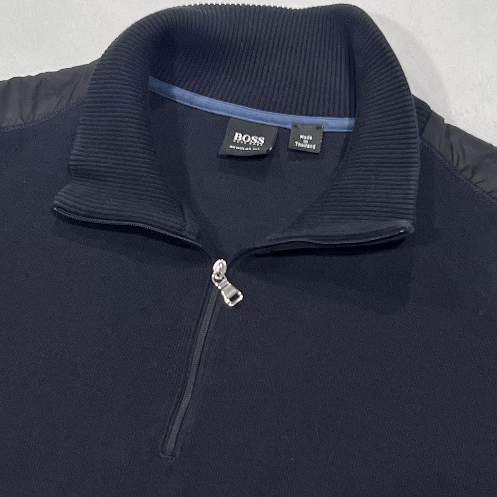 Hugo‎ Boss Men Dark Blue 1/4 Zip Pullover Long Sleeve Sweater Pockets Size 2XL